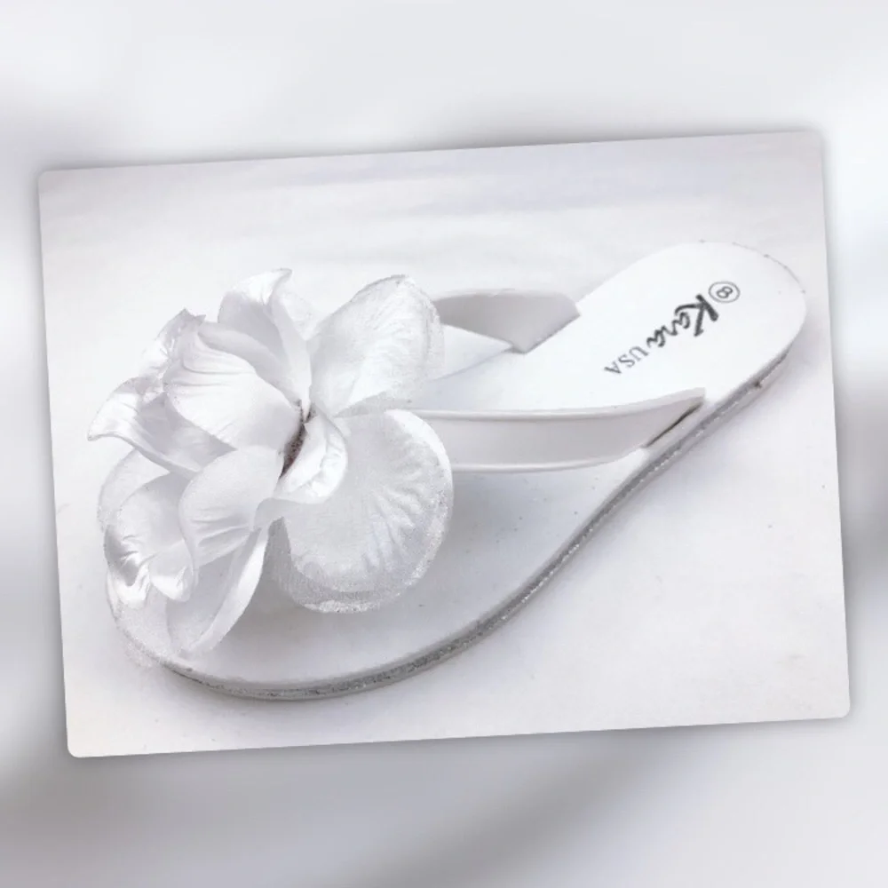 Kara White Rosette Flower Glitter Thong Flip Flop Sandal - Picture 8 of 8